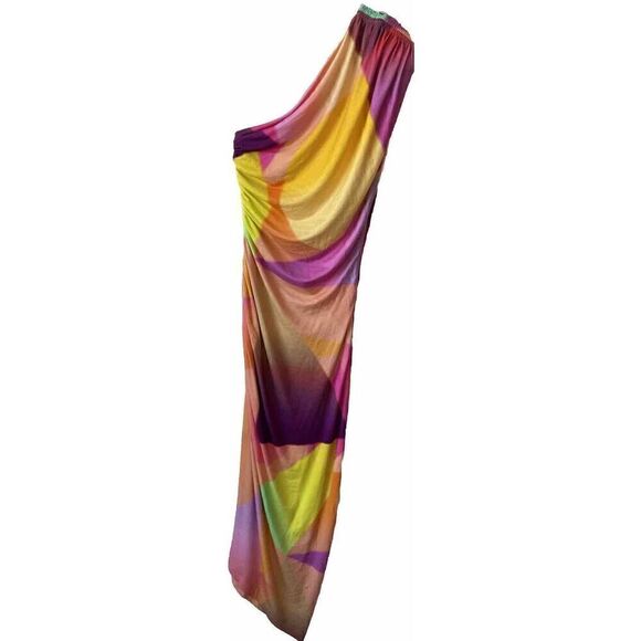 New SMYTHE Abstract Neon Print One Shoulder Jersey Stretch Ruched Midi Dress 10 - Picture 6 of 6